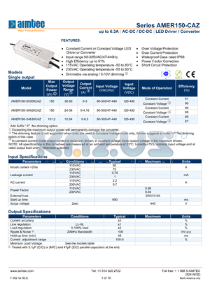 AMER150-36420CAZ datasheet - up to 6.3A | AC-DC / DC-DC | LED Driver / Converter