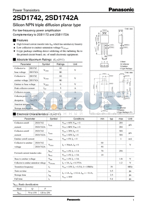 2SD1742 datasheet - Silicon NPN triple diffusion planar type