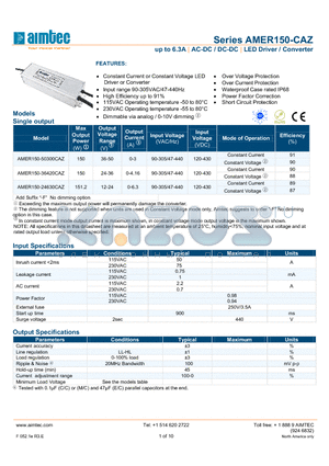 AMER150-CAZ_13 datasheet - up to 6.3A | AC-DC / DC-DC | LED Driver / Converter