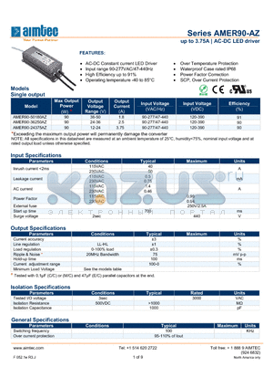 AMER90-50180AZ datasheet - up to 3.75A | AC-DC LED driver