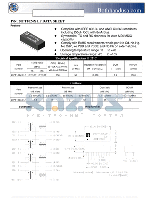 20PT1024X-LF datasheet - 10/100 BASE-TX LAN MAGNETICS FOR AUTO MDI/MDIX APPLICATION