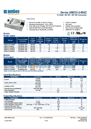 AMES15-15SMAZ datasheet - 15 Watt | AC-DC / DC-DC Converter