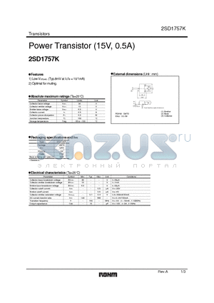 2SD1757K datasheet - Power Transistor (15V, 0.5A)