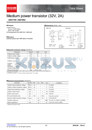 2SD1758 datasheet - Medium power transistor (32V, 2A)