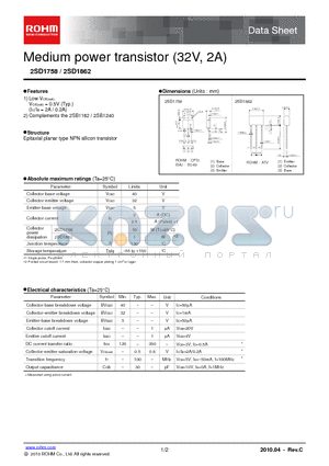 2SD1758TLR datasheet - Medium power transistor (32V, 2A)
