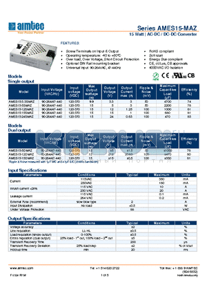 AMES15-3.3SMAZ datasheet - 15 Watt | AC-DC / DC-DC Converter