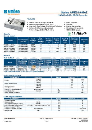 AMES15-MAZ_13 datasheet - 15 Watt | AC-DC / DC-DC Converter