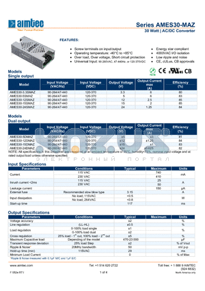 AMES30-15DMAZ datasheet - 30 Watt | AC/DC Converter