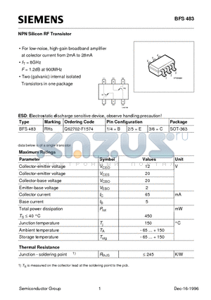 BFS483 datasheet - NPN Silicon RF Transistor (For low-noise, high-gain broadband amplifier at colector current from 2mA to 28mA)