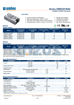 AMES30-MAZ datasheet - 30 Watt | AC/DC Converter