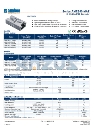 AMES40-3.3SMAZ datasheet - 40 Watt | AC/DC Converter