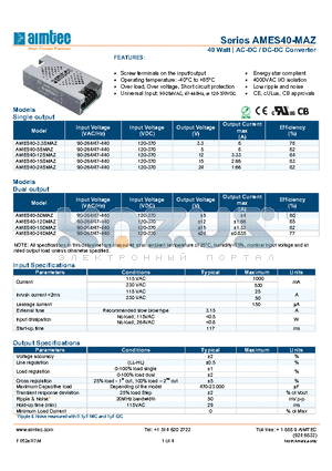 AMES40-MAZ_13 datasheet - 40 Watt | AC-DC / DC-DC Converter