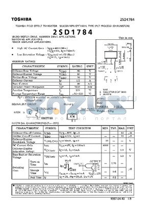 2SD1784 datasheet - NPN EPITAXIAL TYPE (MICRO MOTOR DRIVE, HAMMER DRIVE, SWITCHING, POWER AMPLIFIER APPLICATIONS)