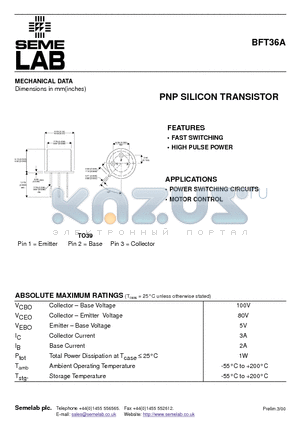 BFT36A datasheet - PNP SILICON TRANSISTOR