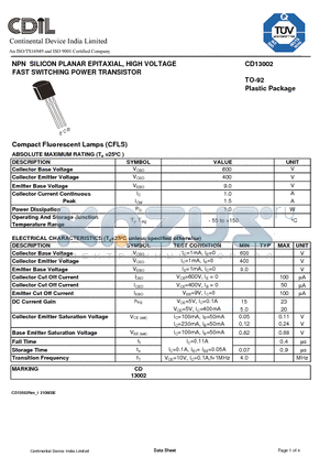 CD13002 datasheet - NPN SILICON PLANAR EPITAXIAL, HIGH VOLTAGE FAST SWITCHING POWER TRANSISTOR