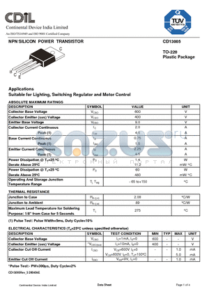 CD13005 datasheet - NPN SILICON POWER TRANSISTOR