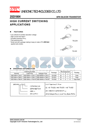 2SD1804G-X-TA3-T datasheet - HIGH CURRENT SWITCHING APPLICATIONS