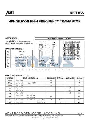 BFT51FA datasheet - NPN SILICON HIGH FREQUENCY TRANSISTOR