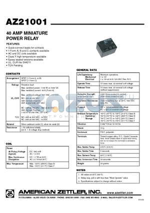 AZ21001-1A-18D datasheet - 40 AMP MINIATURE POWER RELAY
