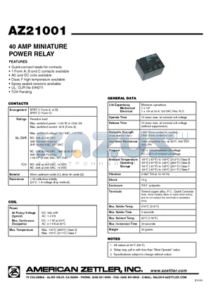 AZ21001-1A-240A datasheet - 40 AMP MINIATURE POWER RELAY