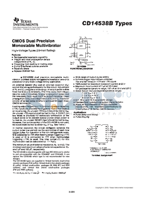 CD14538BE datasheet - CMOS DUAL PRECISION MONOSTABLE MULTIVIBRATOR