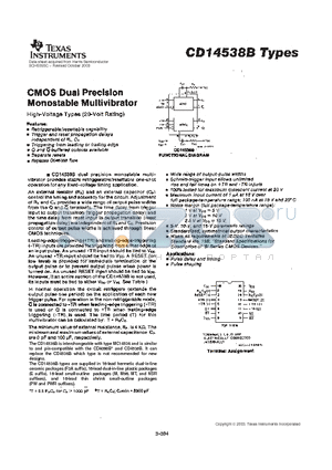 CD14538BM96 datasheet - CMOS DUAL PRECISION MONOSTABLE MULTIVIBRATOR