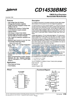 CD14538BMS datasheet - CMOS Dual Precision Monostable Multivibrator