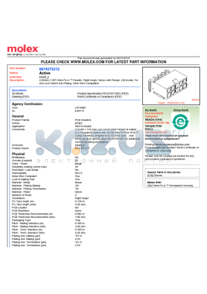 0874272212 datasheet - 4.20mm (.165) Mini-Fit Jr. Header, Right Angle, Nylon, with Flange, 22Circuits, Tin (Sn) over Nickel (Ni) Plating, Glow Wire Compatible