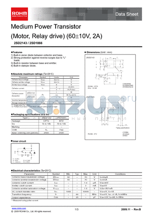 2SD1866 datasheet - Medium Power Transistor (Motor, Relay drive) (60a10V, 2A)