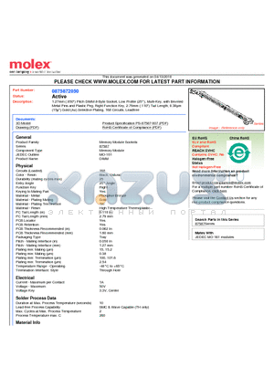 0875872050 datasheet - 1.27mm (.050) Pitch DIMM 8-Byte Socket, Low Profile (25`), Multi-Key, with Beveled Metal Pins and Plastic Peg, Right Function Key, 2.79mm (.110) Tail Length