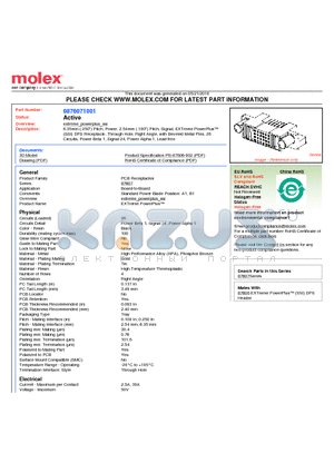 0876071001 datasheet - 6.35mm (.250) Pitch, Power, 2.54mm (.100) Pitch, Signal, EXTreme PowerPlus (SSI) DPS Receptacle, Through Hole, Right Angle, with Beveled Metal Pins