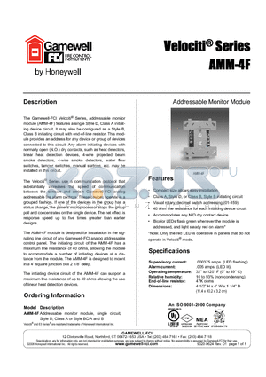 AMM-4F datasheet - Addressable monitor module single circuit, Style D, Class A or Style BC/A  and B