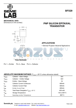 BFX29 datasheet - PNP SILICON EPITAXIAL TRANSISTOR