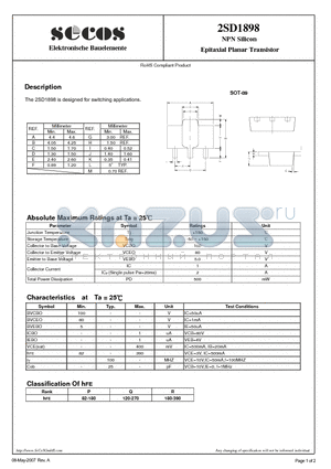 2SD1898 datasheet - NPN Silicon Epitaxial Planar Transistor