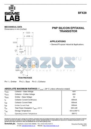 BFX29 datasheet - PNP SILICON EPITAXIAL TRANSISTOR