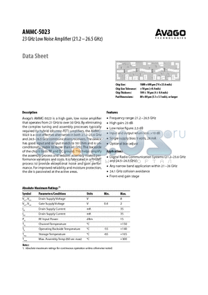 AMMC-5023-W10 datasheet - 23 GHz Low Noise Amplifier (21.2-26.5 GHz)