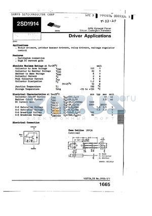 2SD1914 datasheet - NPN EPITAXIAL PLANAR SILICON DARLINGTON TRANSISTOR DRIVER APPLICATIONS