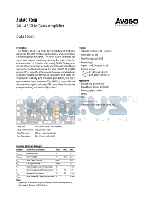 AMMC-5040 datasheet - 20-45 GHz GaAs Amplifier