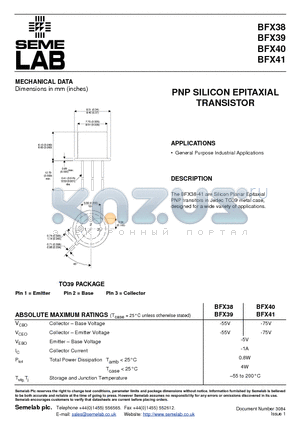 BFX41 datasheet - PNP SILICON EPITAXIAL TRANSISTOR