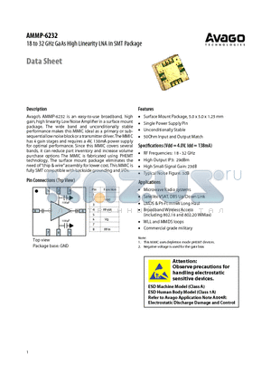 AMMP-6232 datasheet - 18 TO 32 GHZ GAAS HIGH LINEARITY LNA IN SMT PACKAGE