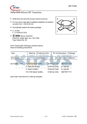 BFY182 datasheet - HiRel NPN Silicon RF Transistor