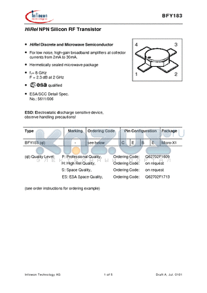 BFY183 datasheet - HiRel NPN Silicon RF Transistor