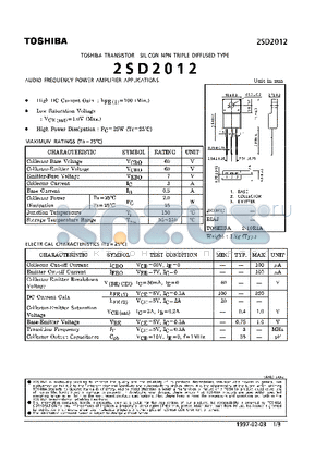 2SD2012 datasheet - NPN TRIPLE DIFFUSED TYPE (AUDIO FREQUENCY POWER AMPLIFIER APPLICATIONS)