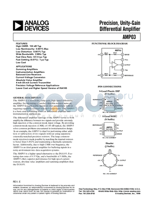 AMP03BJ/883C datasheet - Precision, Unity-Gain Differential Amplifier