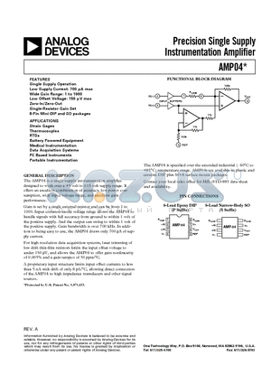 AMP04EP datasheet - Precision Single Supply Instrumentation Amplifier