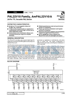 AMPAL22V10 datasheet - PAL22V10 Family, AmPAL22V10/A 24-Pin TTL Versatile PAL Device