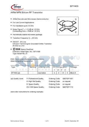 BFY405P datasheet - HiRel NPN Silicon RF Transistor