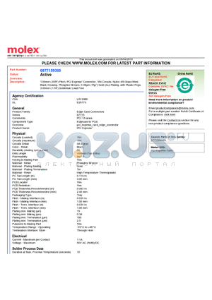 0877159305 datasheet - 1.00mm (.039) Pitch, PCI Express* Connector, 164 Circuits, Nylon 4/6 Glass-filled, Black Housing, Phosphor Bronze, 0.38lm (15l) Gold (Au) Plating, with Plastic Pegs