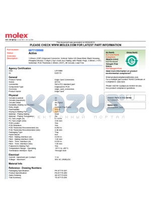 0877159900 datasheet - 1.00mm (.039) Edgecard Connector, Vertical, Nylon 4/6 Glass-filled, Black Housing, Phosphor Bronze, 0.38lm (15l) Gold (Au) Plating, with Plastic Pegs