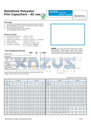 AMPE102K160VAC datasheet - Metallized Polyester Film Capacitors - AC use